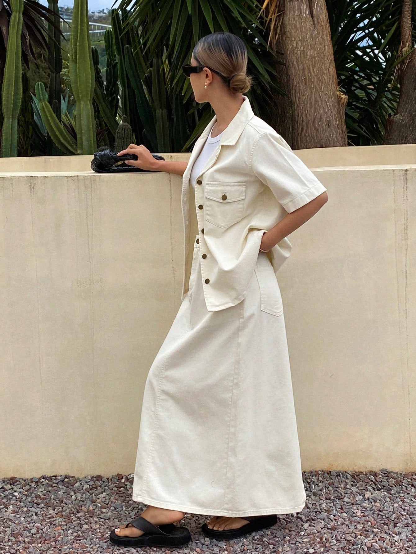 CM-SS177799 Women Casual Seoul Style Pocket Shirt Collar Short Sleeve Denim Blouse With Straight Skirt - Set