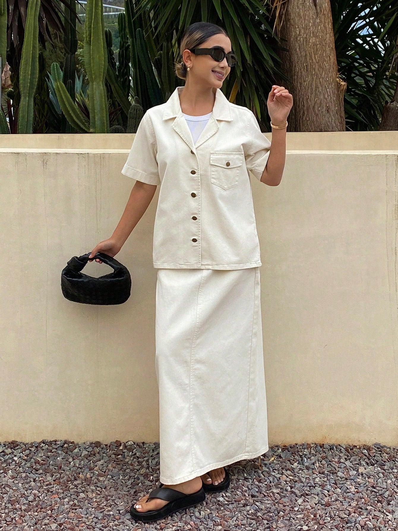 CM-SS177799 Women Casual Seoul Style Pocket Shirt Collar Short Sleeve Denim Blouse With Straight Skirt - Set