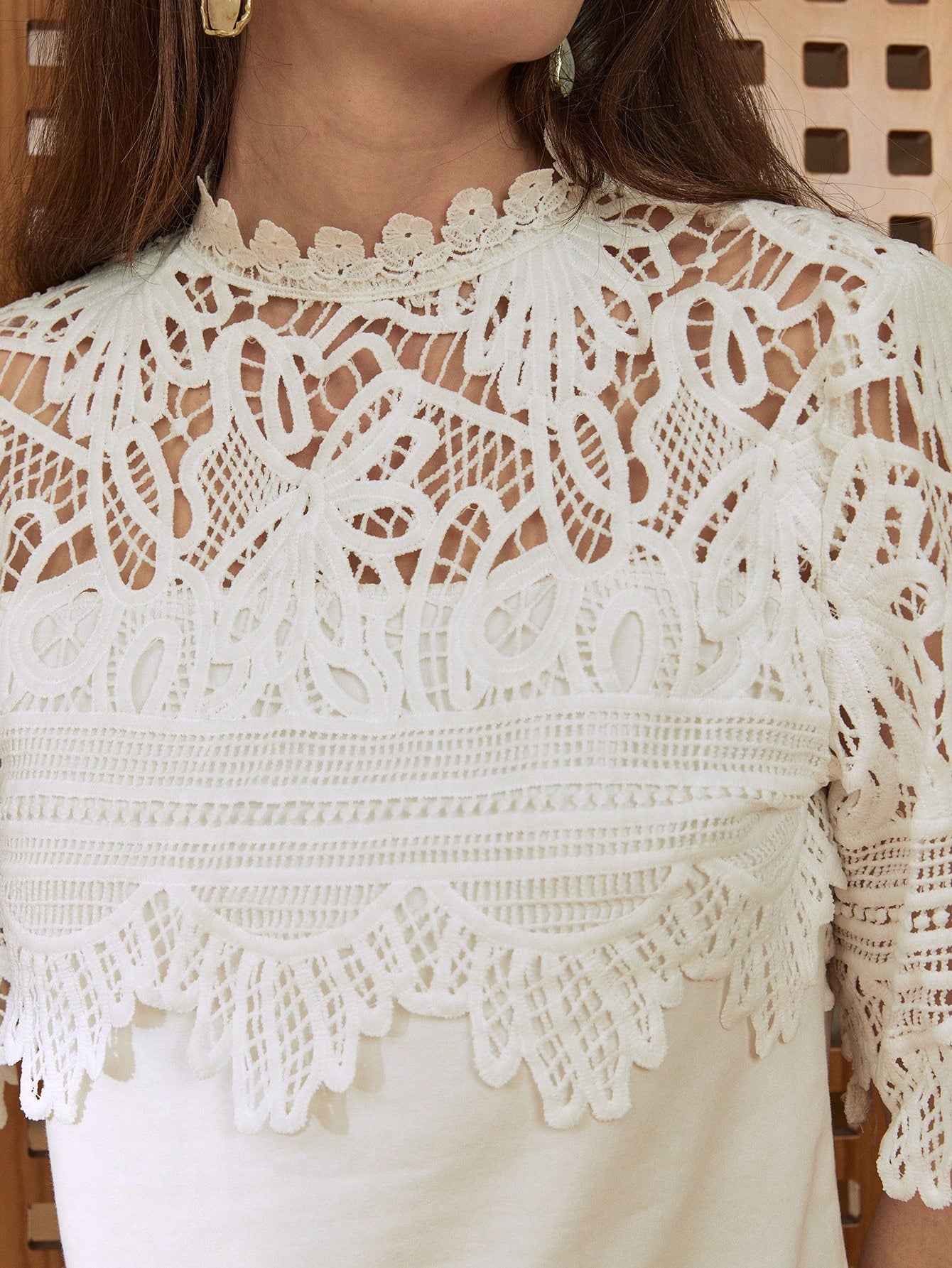 CM-TS816638 Women Casual Seoul Style Contrast Collar Half Sleeve Lace Patchwork Loose T-Shirt - White