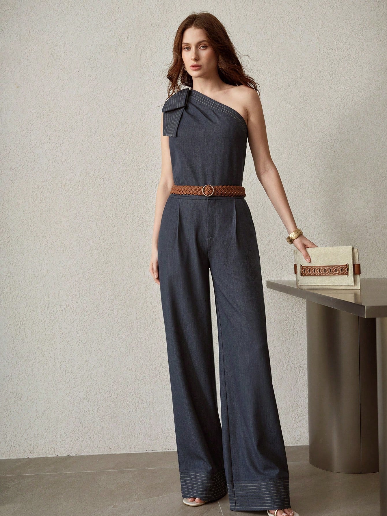 CM-TS348827 Women Elegant Seoul Style One Shoulder Contrast Stitch Big Bow Sleeveless Top - Blue