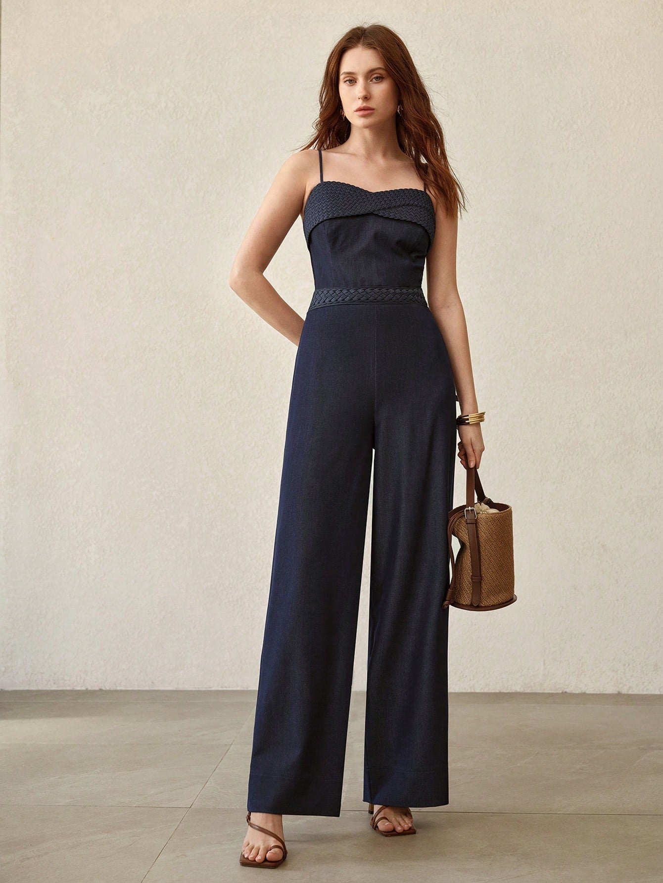 CM-JS144922 Women Elegant Seoul Style Dark Wash Spaghetti Strap Sleeveless Denim Effect Zipper Jumpsuit