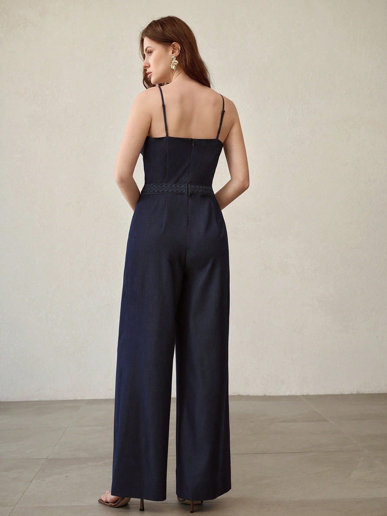 CM-JS144922 Women Elegant Seoul Style Dark Wash Spaghetti Strap Sleeveless Denim Effect Zipper Jumpsuit