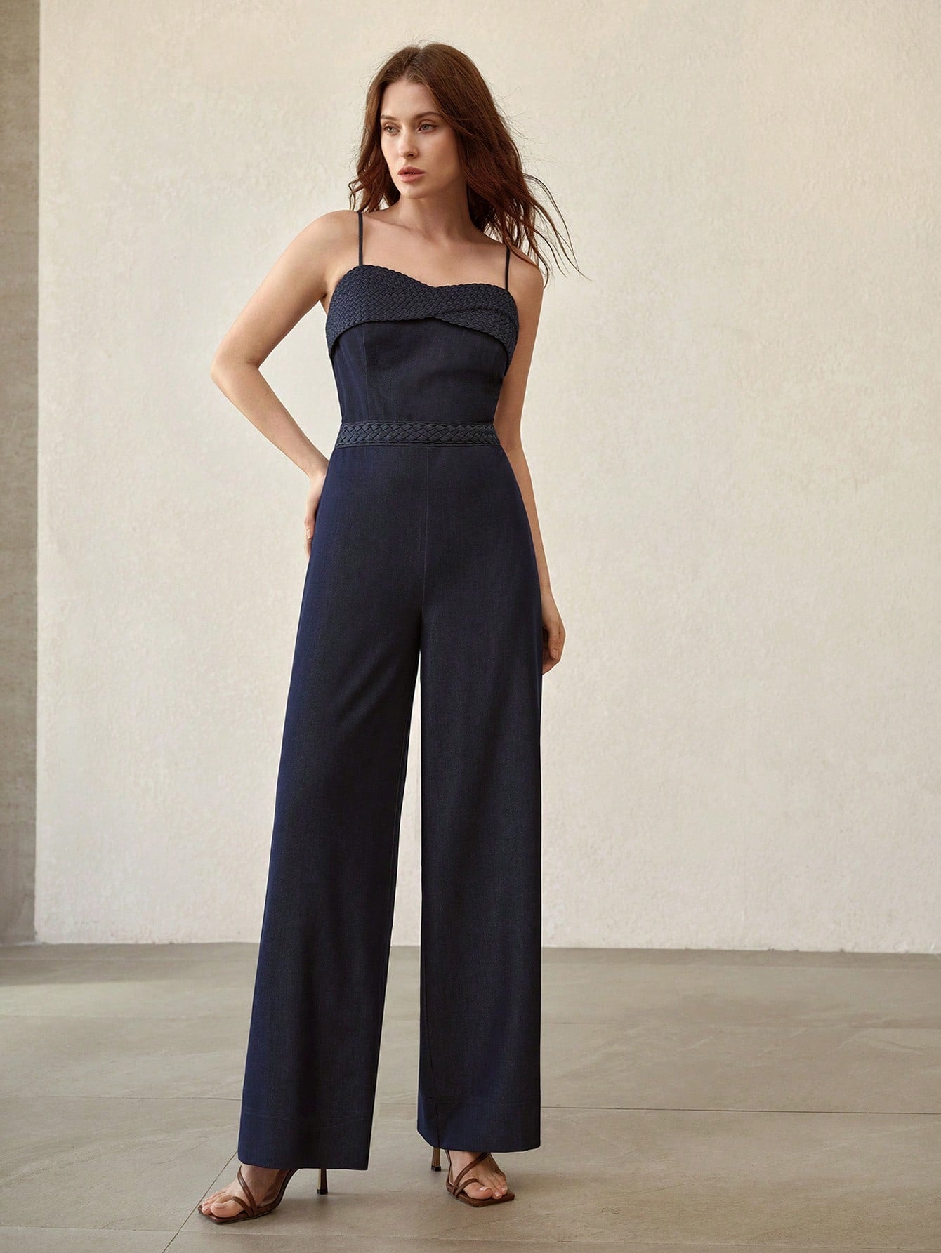 CM-JS144922 Women Elegant Seoul Style Dark Wash Spaghetti Strap Sleeveless Denim Effect Zipper Jumpsuit