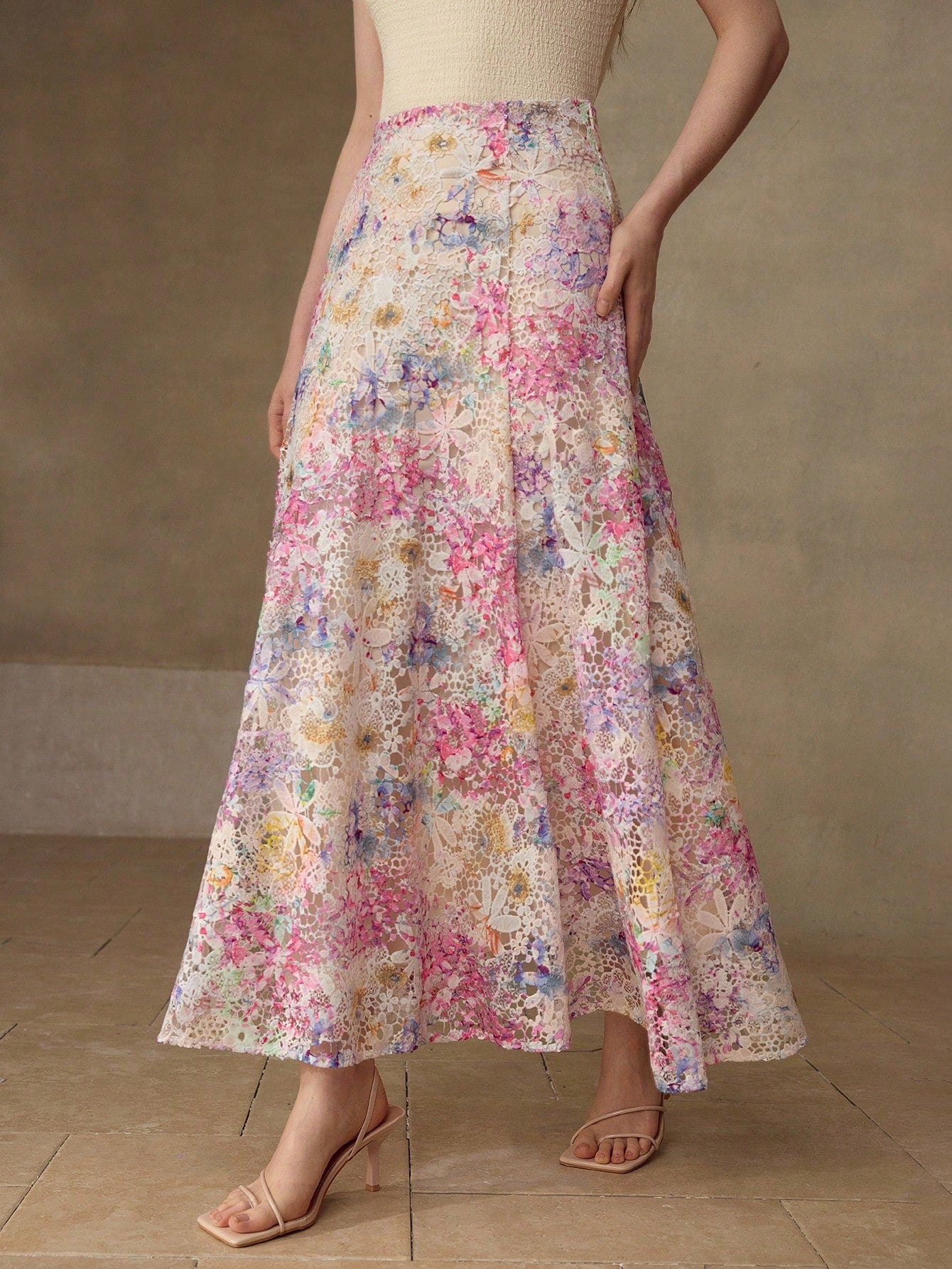 CM-BS694883 Women Elegant Seoul Style Mid Waist Guipure Lace Printed Flared Hem Slim Fit Skirt