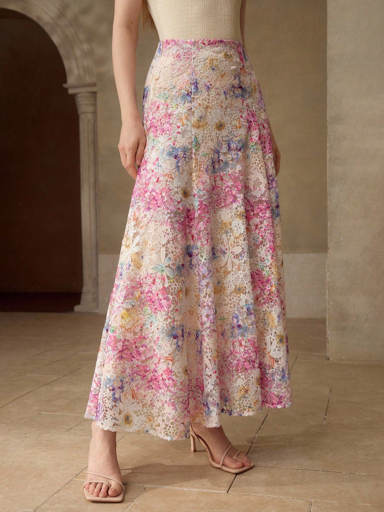 CM-BS694883 Women Elegant Seoul Style Guipure Lace Printed Waist Flared Fem Slim Fit Skirt