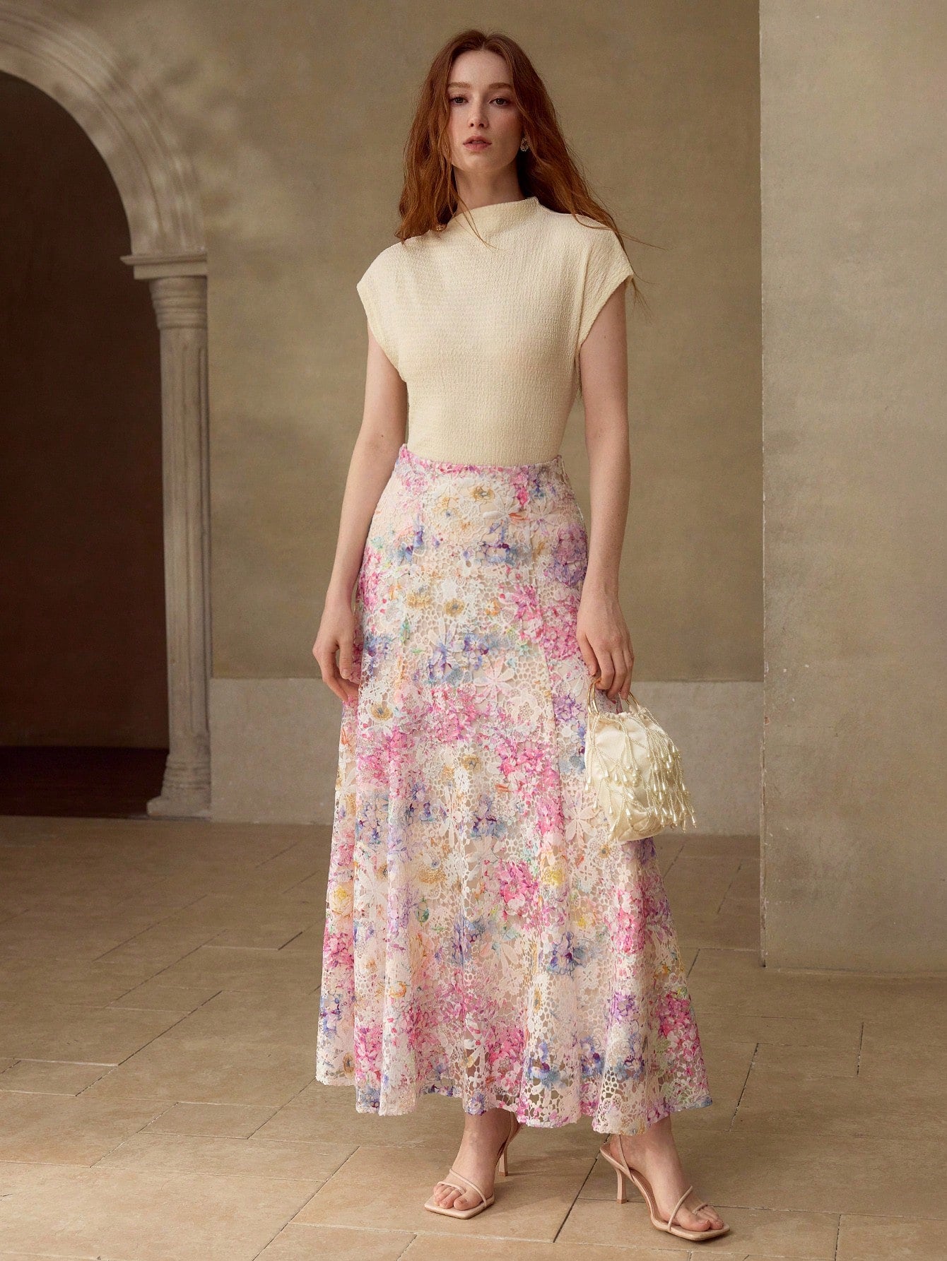 CM-BS694883 Women Elegant Seoul Style Mid Waist Guipure Lace Printed Flared Hem Slim Fit Skirt