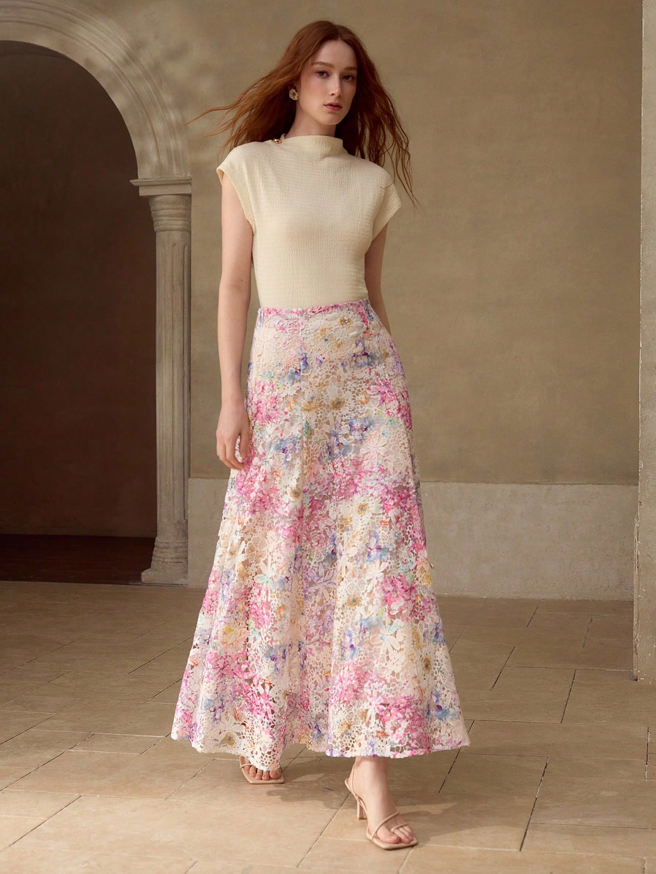 CM-BS694883 Women Elegant Seoul Style Mid Waist Guipure Lace Printed Flared Hem Slim Fit Skirt