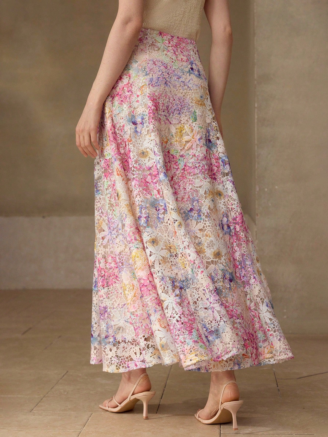 CM-BS694883 Women Elegant Seoul Style Mid Waist Guipure Lace Printed Flared Hem Slim Fit Skirt