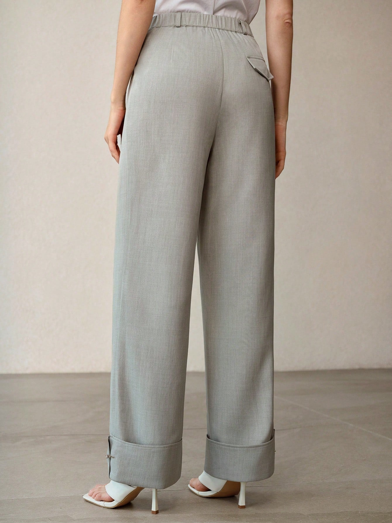 CM-BS508489 Women Elegant Seoul Style Mid Waist Rolled Hem Loose Straight Leg Pants - Green