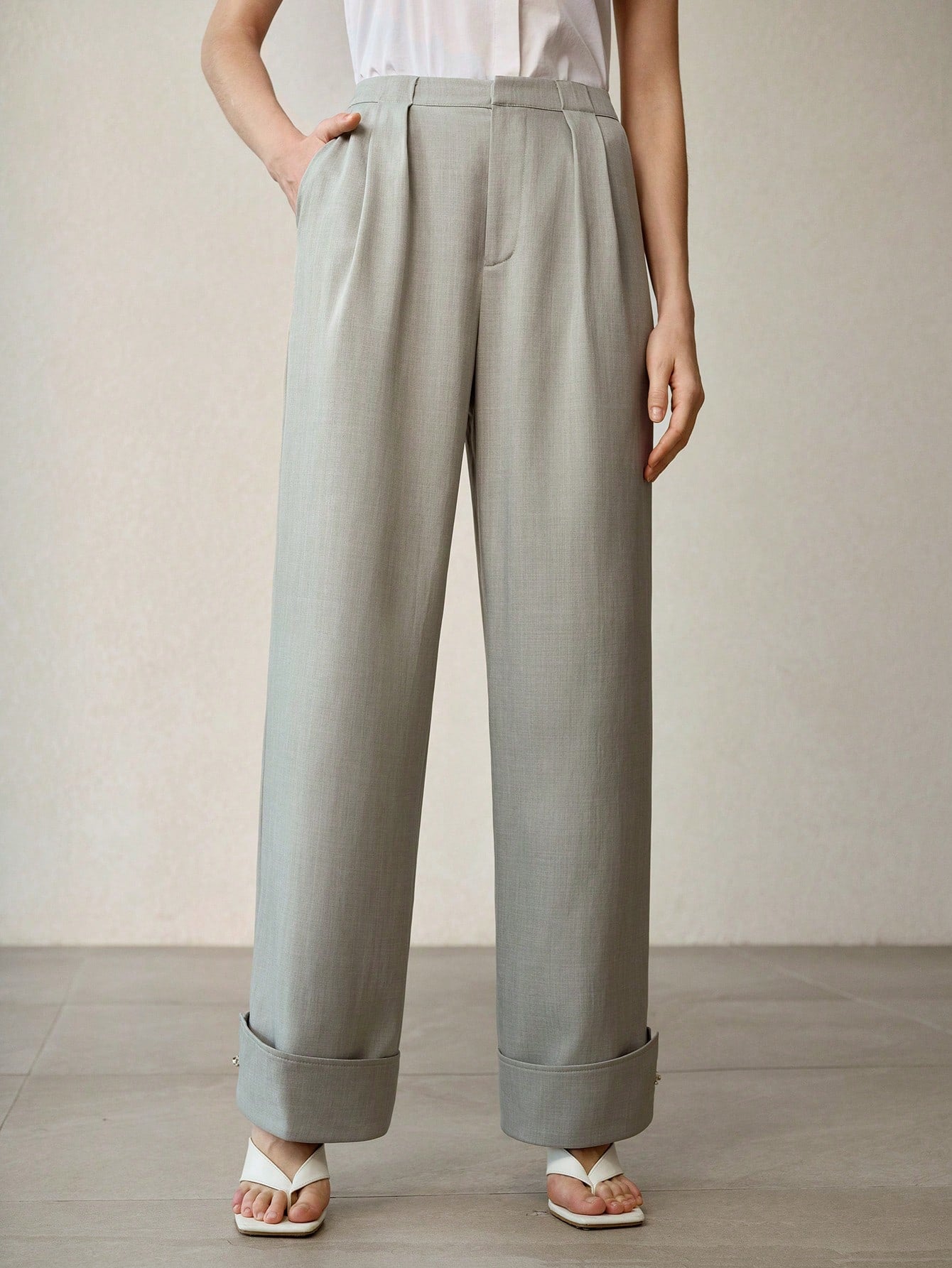CM-BS508489 Women Elegant Seoul Style Mid Waist Rolled Hem Loose Straight Leg Pants - Green