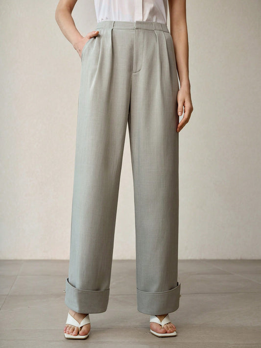 CM-BS508489 Women Elegant Seoul Style Mid Waist Rolled Hem Loose Straight Leg Pants - Green