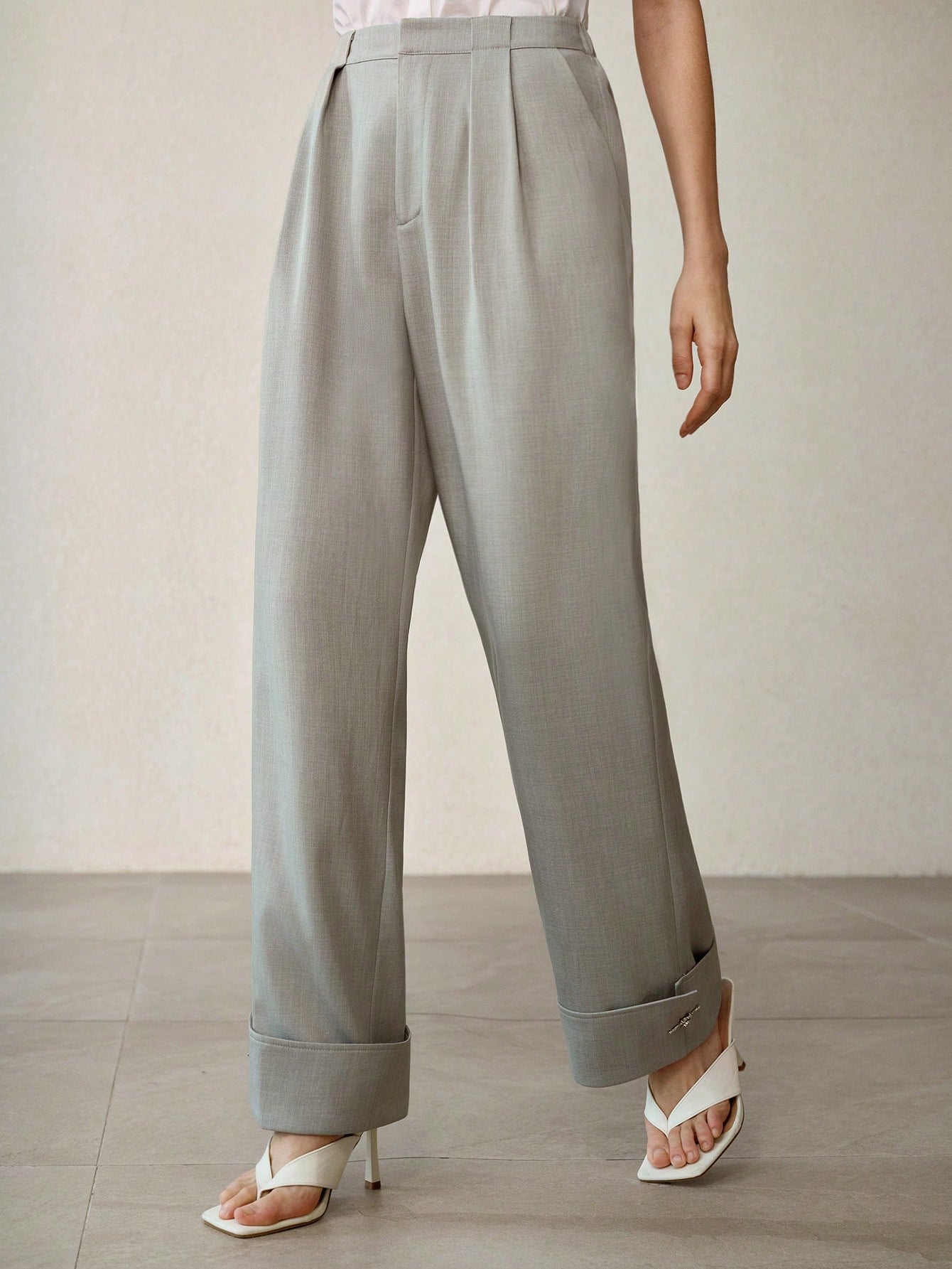 CM-BS508489 Women Elegant Seoul Style Mid Waist Rolled Hem Loose Straight Leg Pants - Green