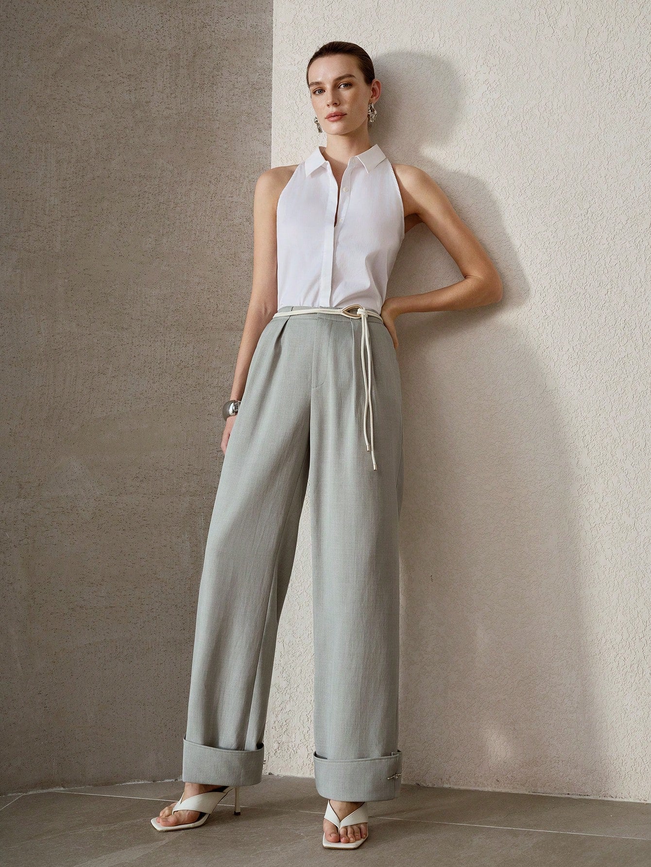 CM-BS508489 Women Elegant Seoul Style Mid Waist Rolled Hem Loose Straight Leg Pants - Green