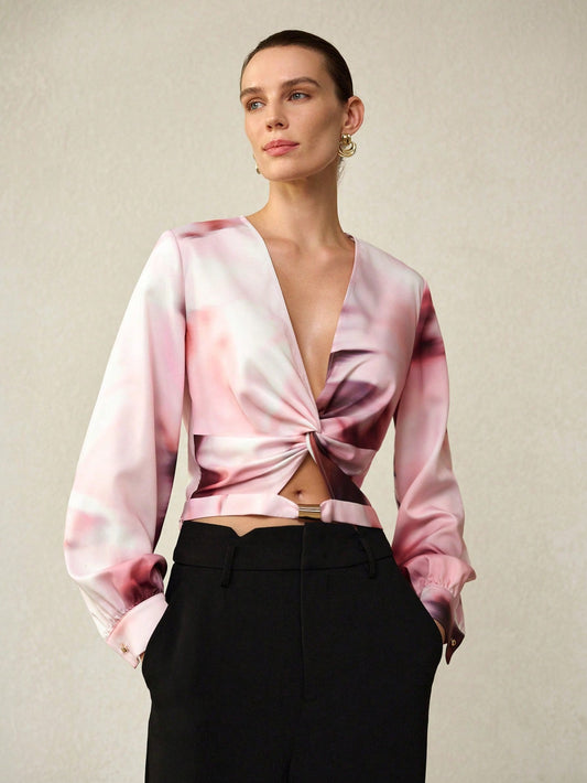 CM-TS477941 Women Elegant Seoul Style V-Neck Ruched Lantern Sleeve Printed Tight Hem Top