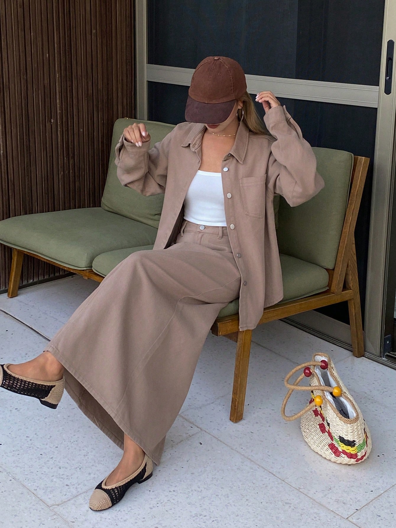 CM-SS697311 Women Casual Seoul Style Collar Pockets Loose Fit Denim Shirt With Relaxed Straight Long Skirt - Set