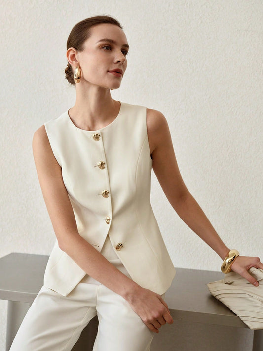 CM-TS821831 Women Elegant Seoul Style Solid Color Round Neck Sleeveless Metal Button Decor Tank Top - White