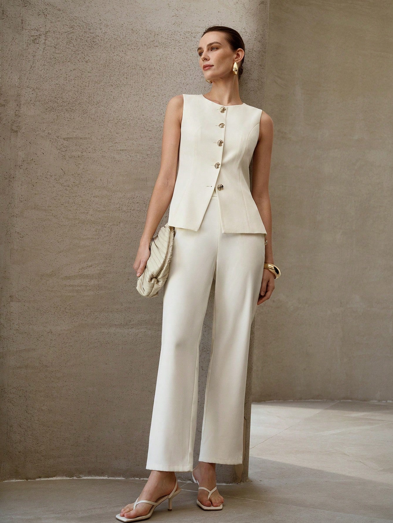 CM-TS821831 Women Elegant Seoul Style Solid Color Round Neck Sleeveless Metal Button Decor Tank Top - White