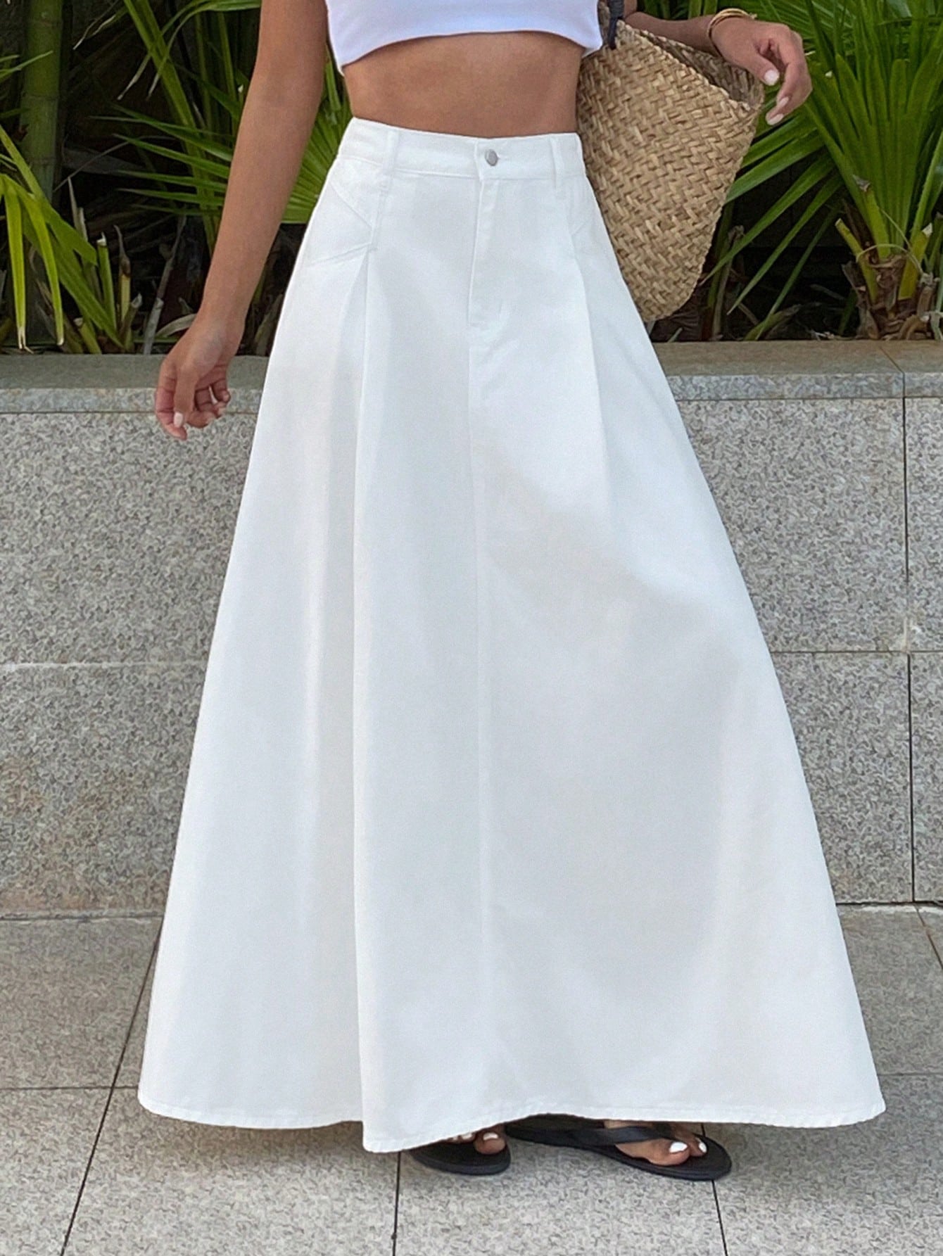CM-BS141823 Women Casual Seoul Style Mid Waist Pleated A-Line Long Denim Skirt - White