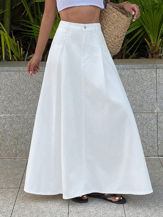 CM-BS141823 Women Casual Seoul Style Mid Waist Pleated A-Line Long Denim Skirt - White