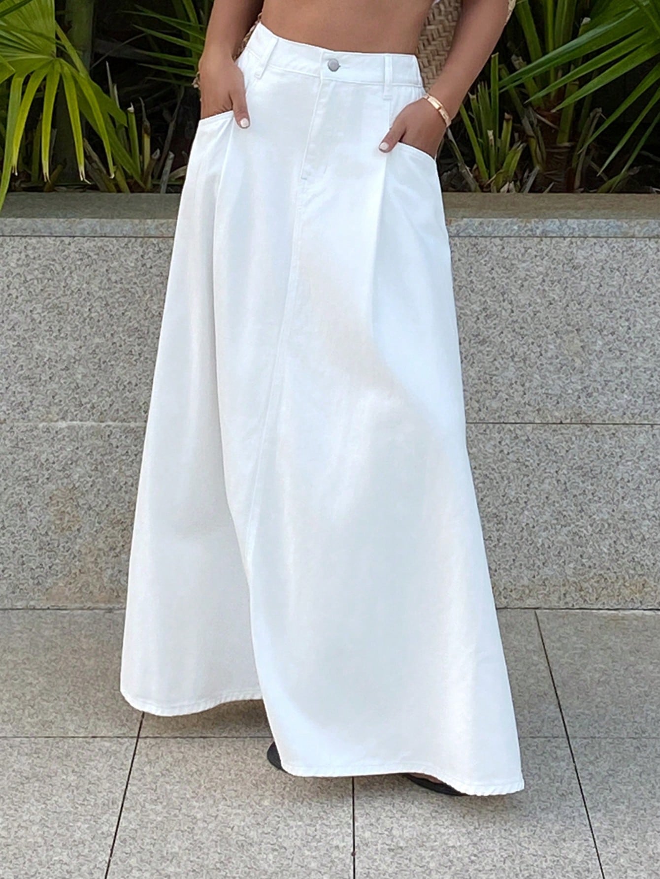 CM-BS141823 Women Casual Seoul Style Mid Waist Pleated A-Line Long Denim Skirt - White