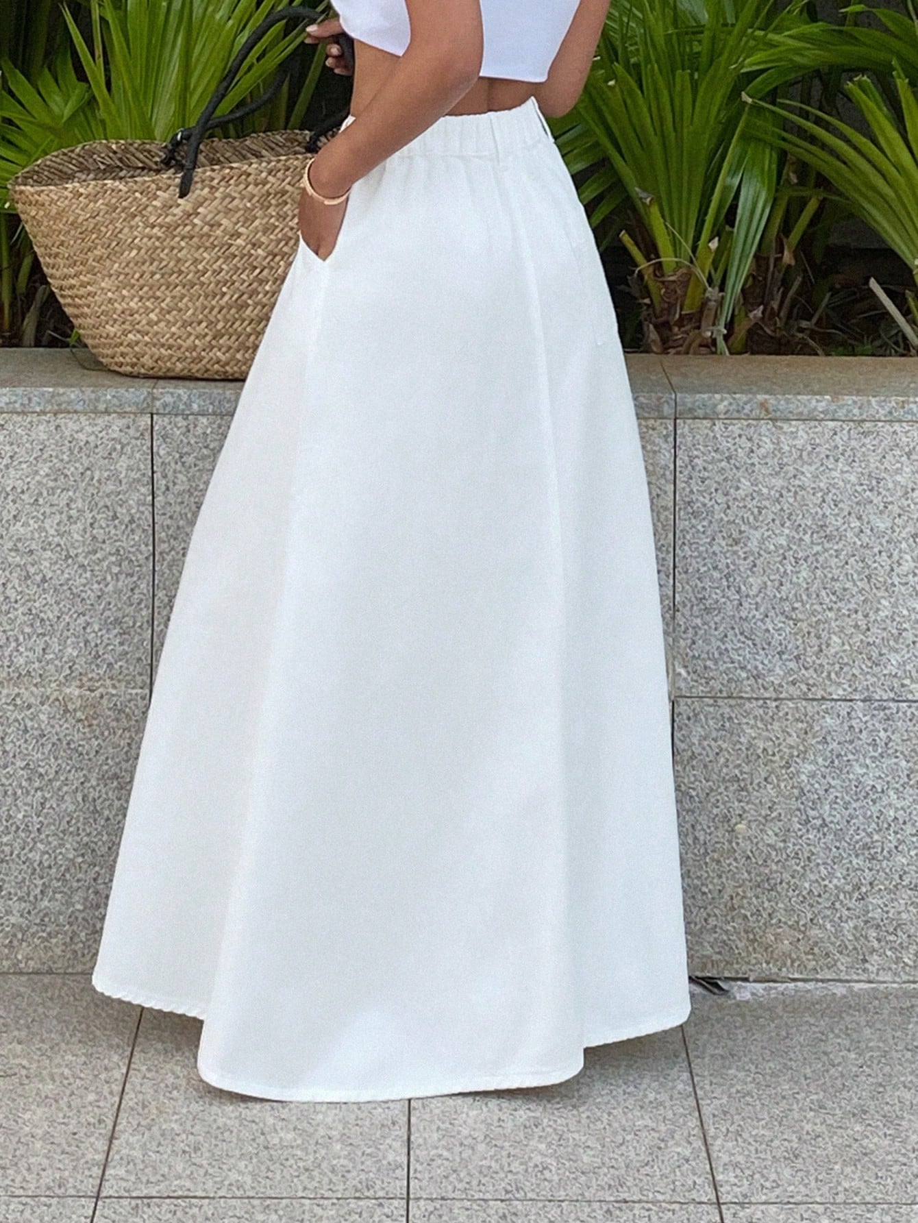 CM-BS141823 Women Casual Seoul Style Mid Waist Pleated A-Line Long Denim Skirt - White