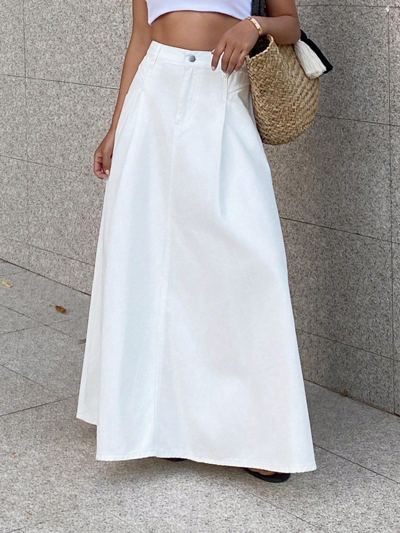 CM-BS141823 Women Casual Seoul Style Mid Waist Pleated A-Line Long Denim Skirt - White
