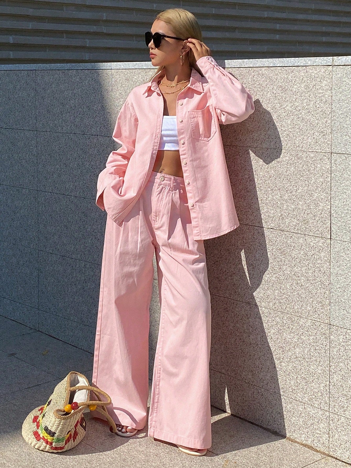 CM-SS763404 Women Casual Seoul Style Collared Long Sleeve Loose Denim Shirt With Straight-Leg Pants - Set
