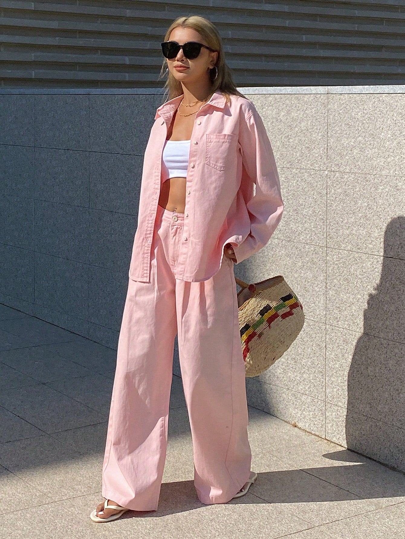 CM-SS763404 Women Casual Seoul Style Collared Long Sleeve Loose Denim Shirt With Straight-Leg Pants - Set