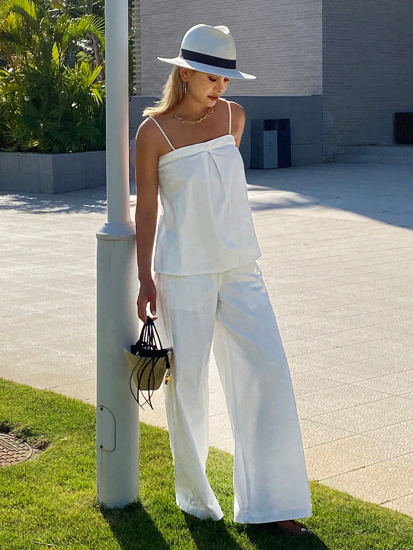 CM-SS670477 Women Casual Seoul Style Pleated Camisole Denim Top With Loose Straight Leg Pants - Set