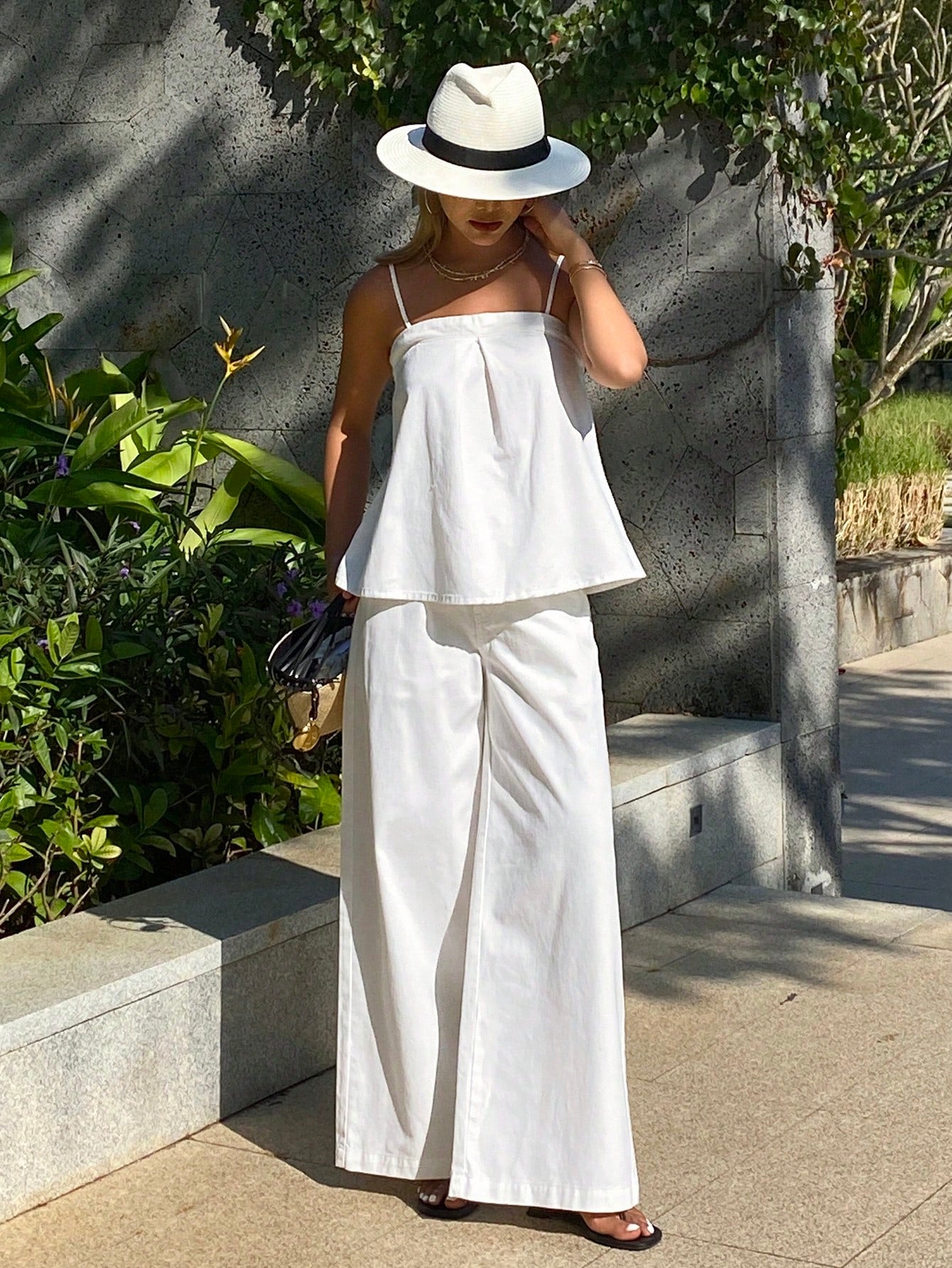 CM-SS670477 Women Casual Seoul Style Pleated Camisole Denim Top With Loose Straight Leg Pants - Set