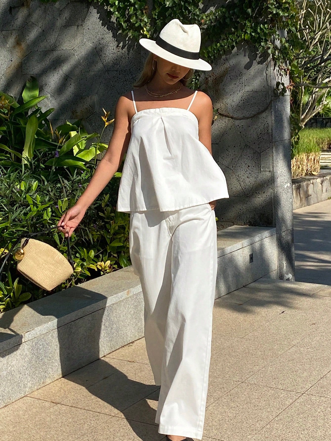 CM-SS670477 Women Casual Seoul Style Pleated Camisole Denim Top With Loose Straight Leg Pants - Set