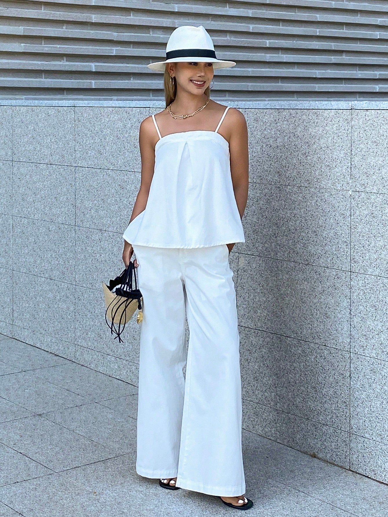 CM-SS670477 Women Casual Seoul Style Pleated Camisole Denim Top With Loose Straight Leg Pants - Set