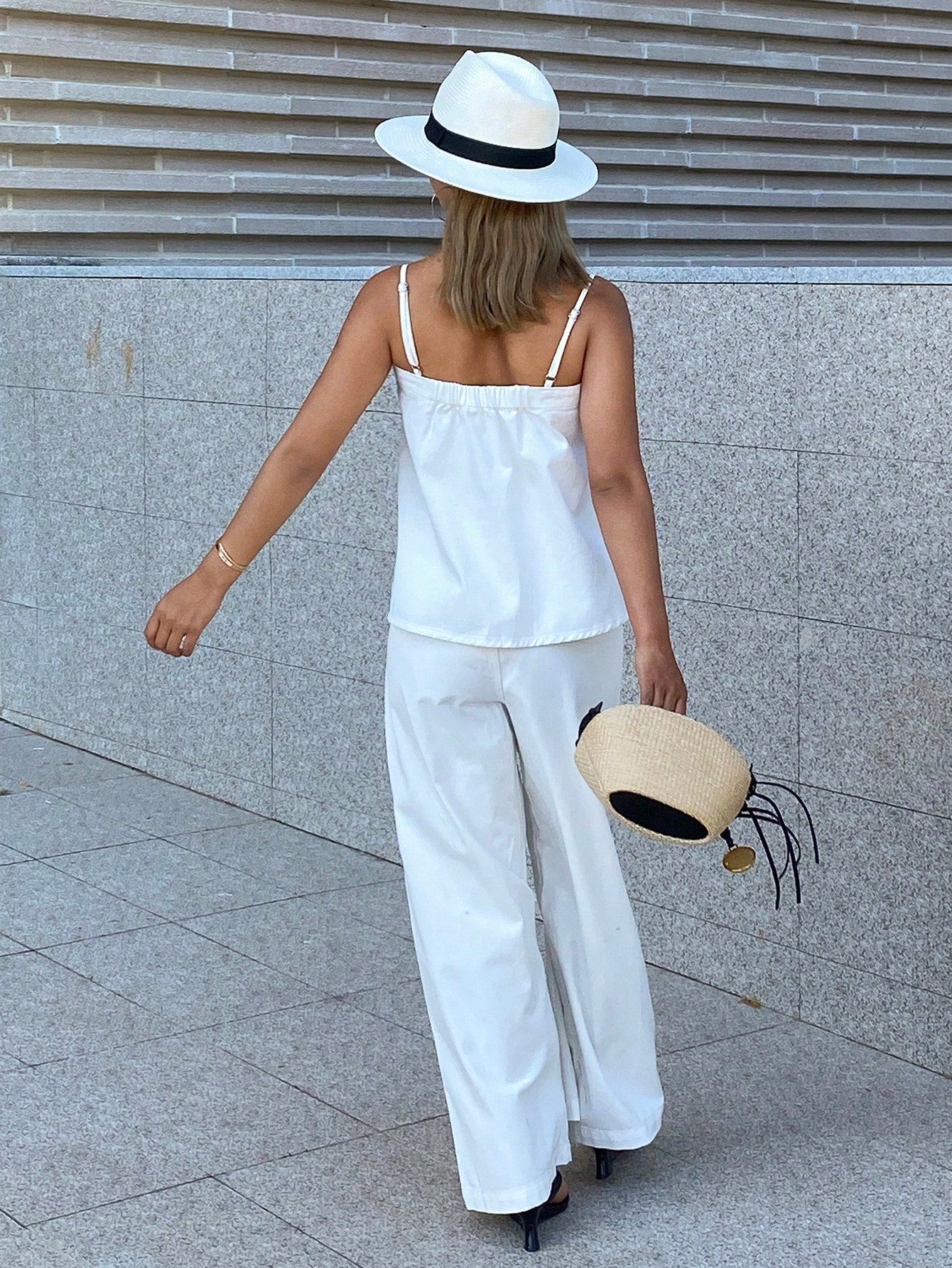 CM-SS670477 Women Casual Seoul Style Pleated Camisole Denim Top With Loose Straight Leg Pants - Set