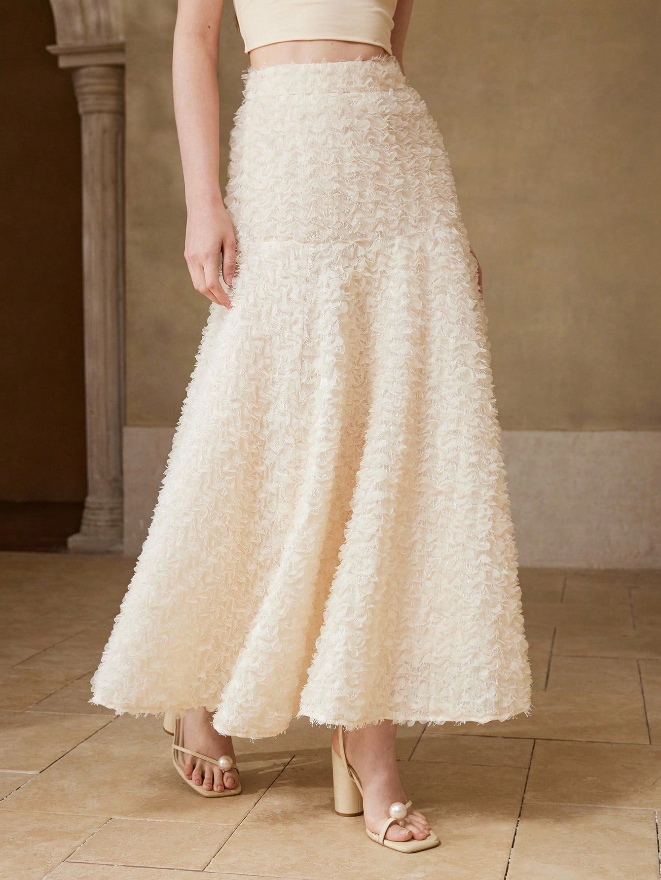CM-BS368343 Women Elegant Seoul Style Mid Waist Mesh Flowy A-Line Mermaid Long Skirt - Beige
