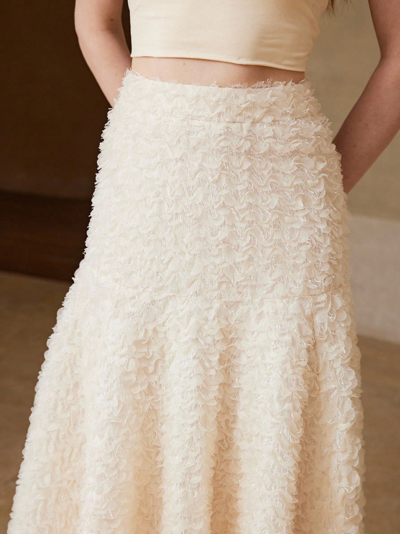 CM-BS368343 Women Elegant Seoul Style Mid Waist Mesh Flowy A-Line Mermaid Long Skirt - Beige