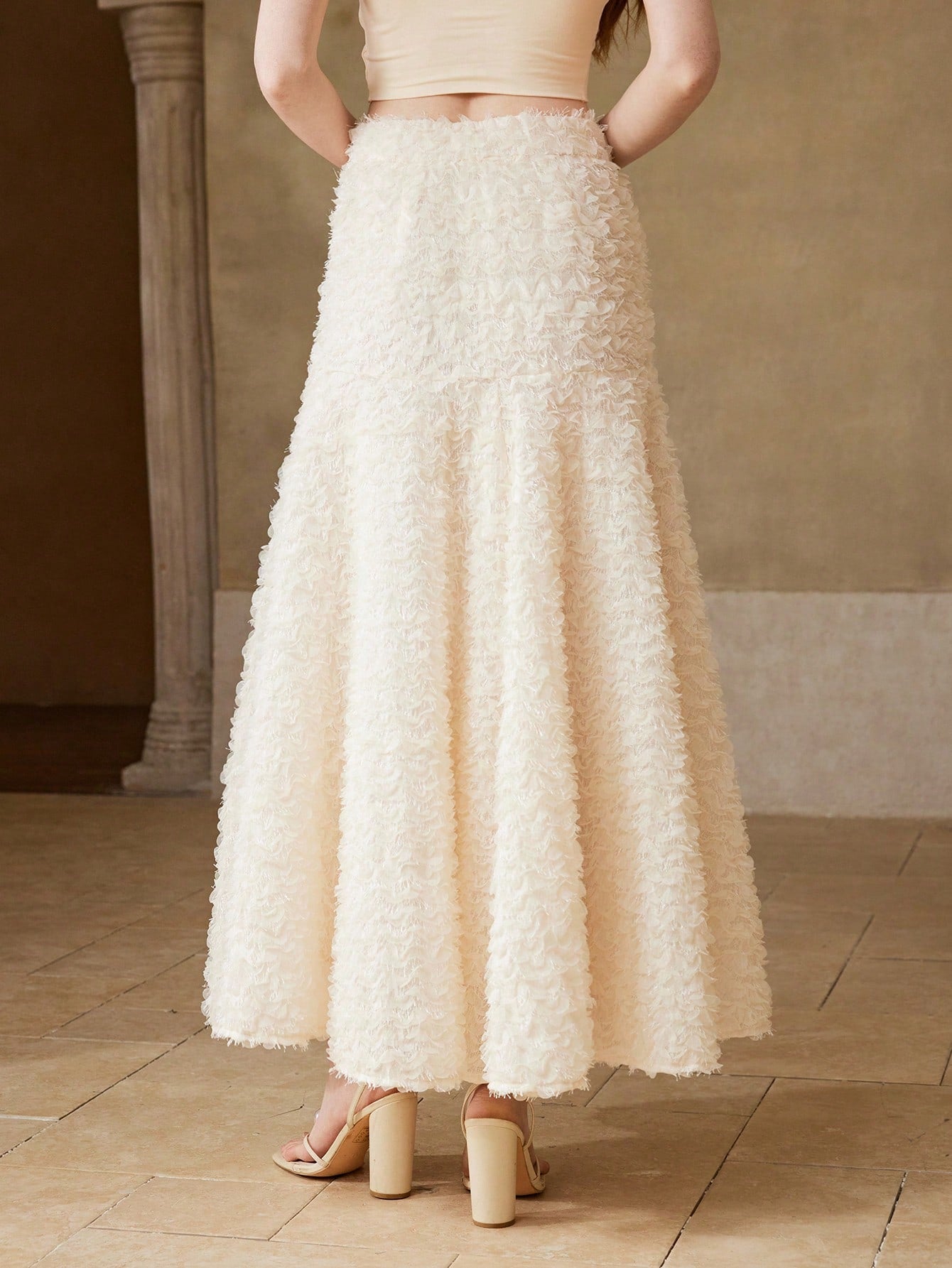 CM-BS368343 Women Elegant Seoul Style Mid Waist Mesh Flowy A-Line Mermaid Long Skirt - Beige
