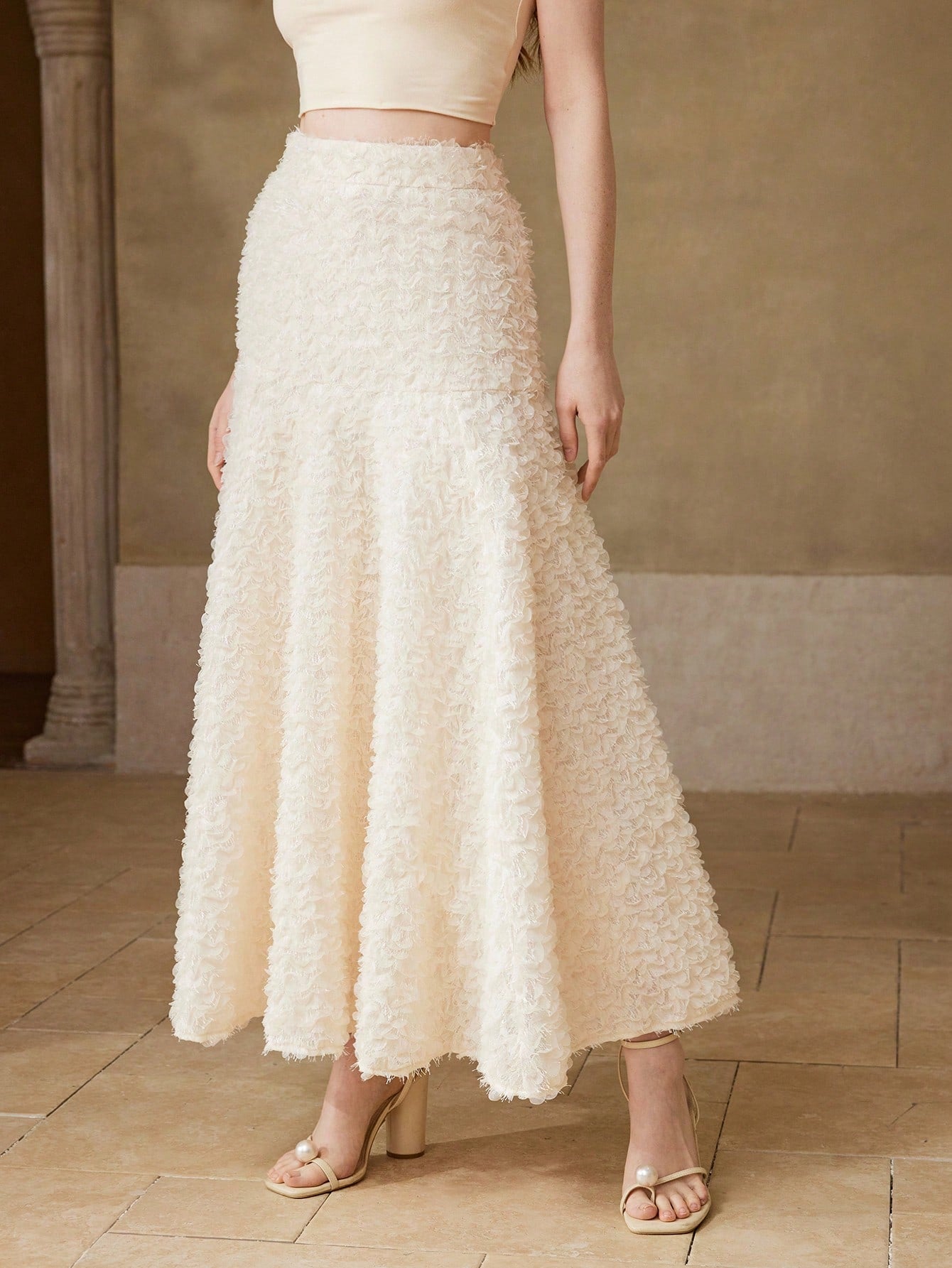 CM-BS368343 Women Elegant Seoul Style Mid Waist Mesh Flowy A-Line Mermaid Long Skirt - Beige
