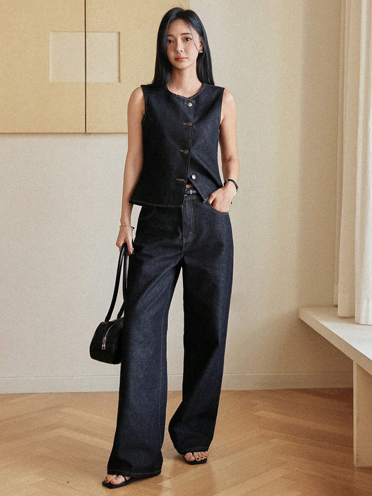 CM-SS811838 Women Casual Seoul Style Loose Sleeveless Denim Vest With Wide Leg Straight Pants - Set