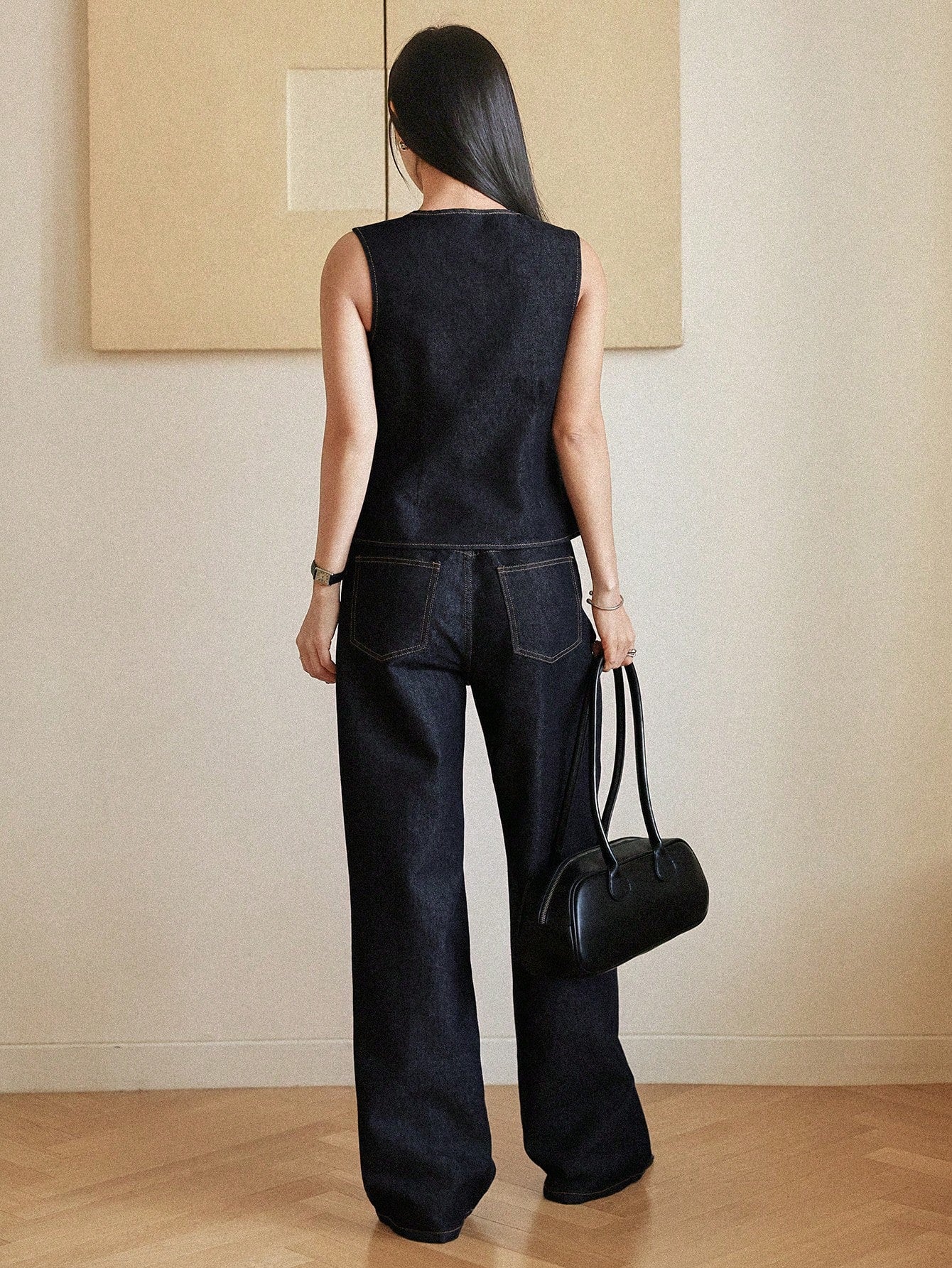 CM-SS811838 Women Casual Seoul Style Loose Sleeveless Denim Vest With Wide Leg Straight Pants - Set