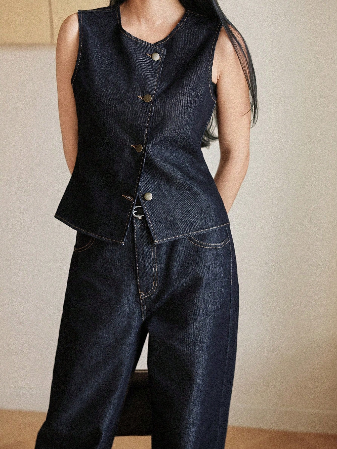 CM-SS811838 Women Casual Seoul Style Loose Sleeveless Denim Vest With Wide Leg Straight Pants - Set