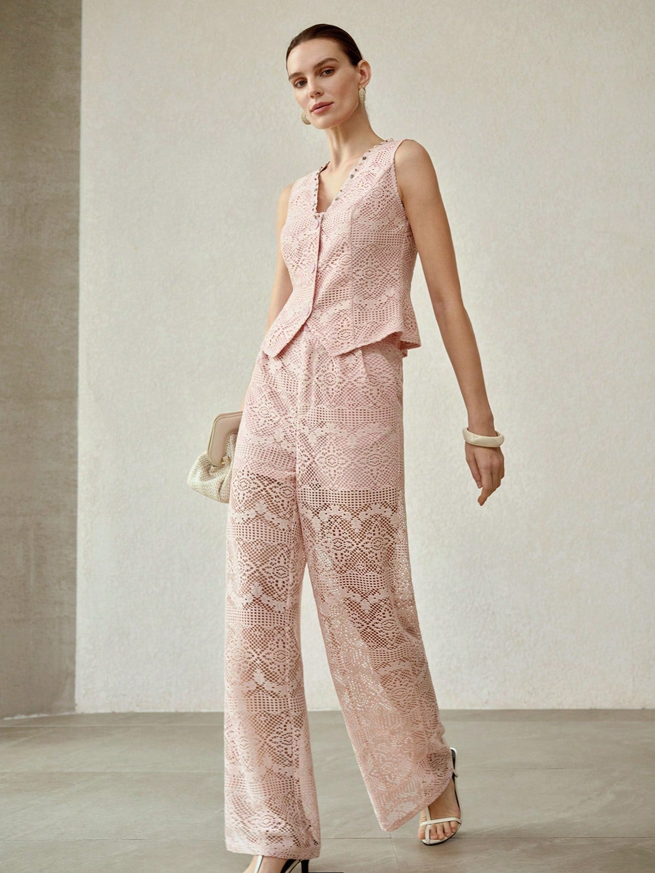 CM-BS761060 Women Elegant Seoul Style Mid Waist Hollow Out Lace Wide Leg Pants - Pink