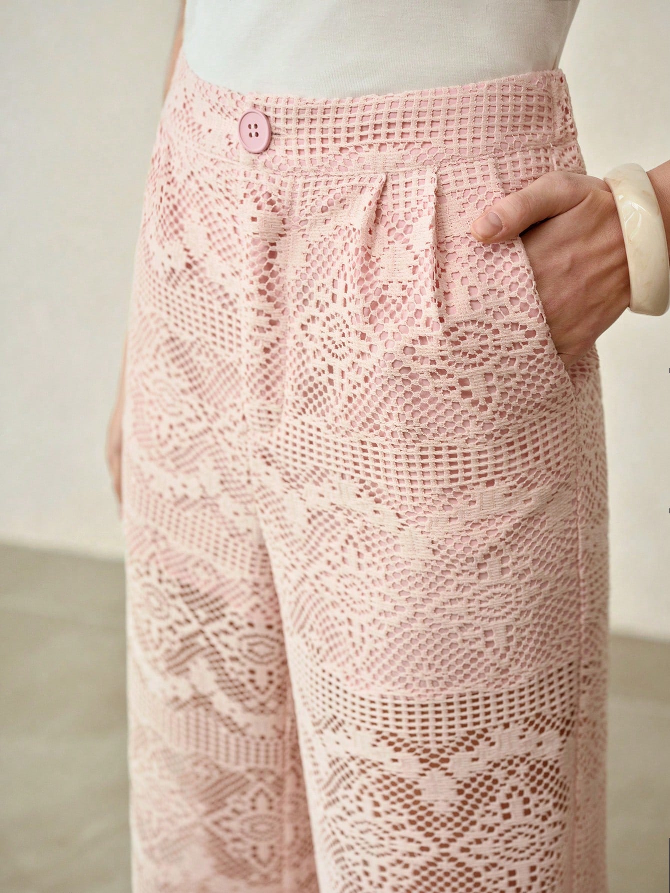 CM-BS761060 Women Elegant Seoul Style Mid Waist Hollow Out Lace Wide Leg Pants - Pink