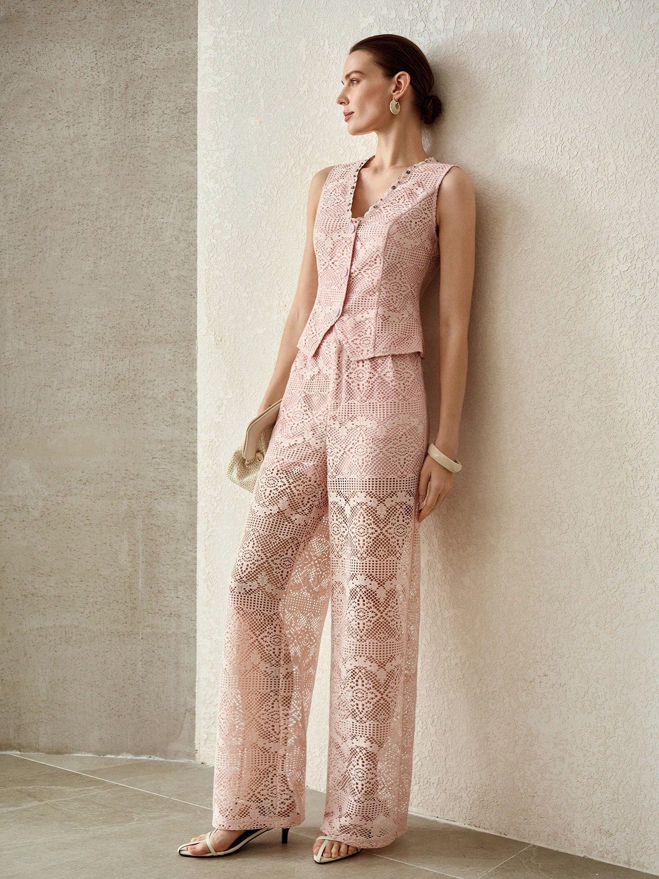 CM-BS761060 Women Elegant Seoul Style Mid Waist Hollow Out Lace Wide Leg Pants - Pink