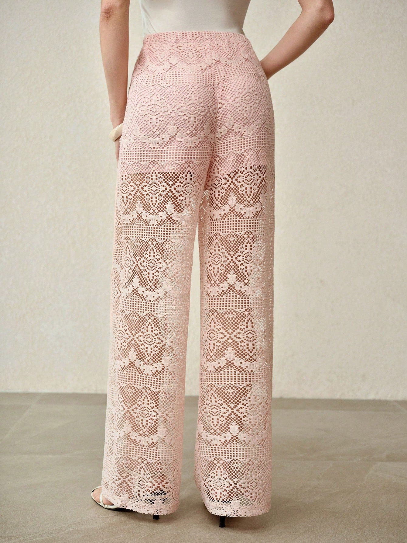 CM-BS761060 Women Elegant Seoul Style Mid Waist Hollow Out Lace Wide Leg Pants - Pink