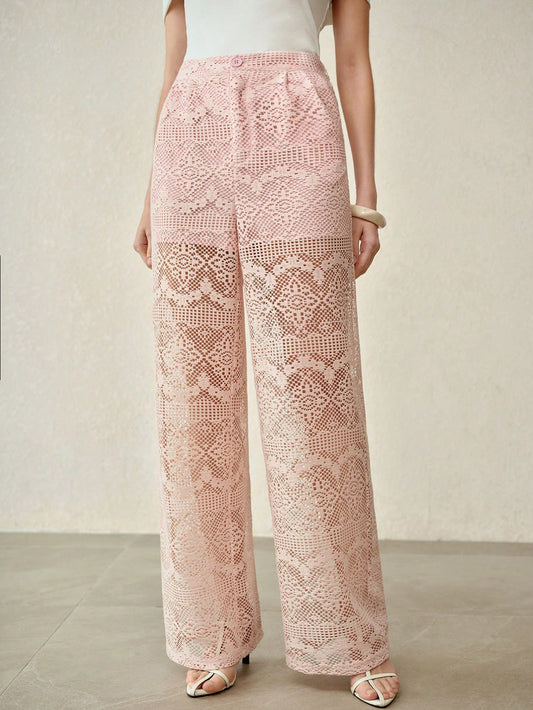CM-BS761060 Women Elegant Seoul Style Mid Waist Hollow Out Lace Wide Leg Pants - Pink