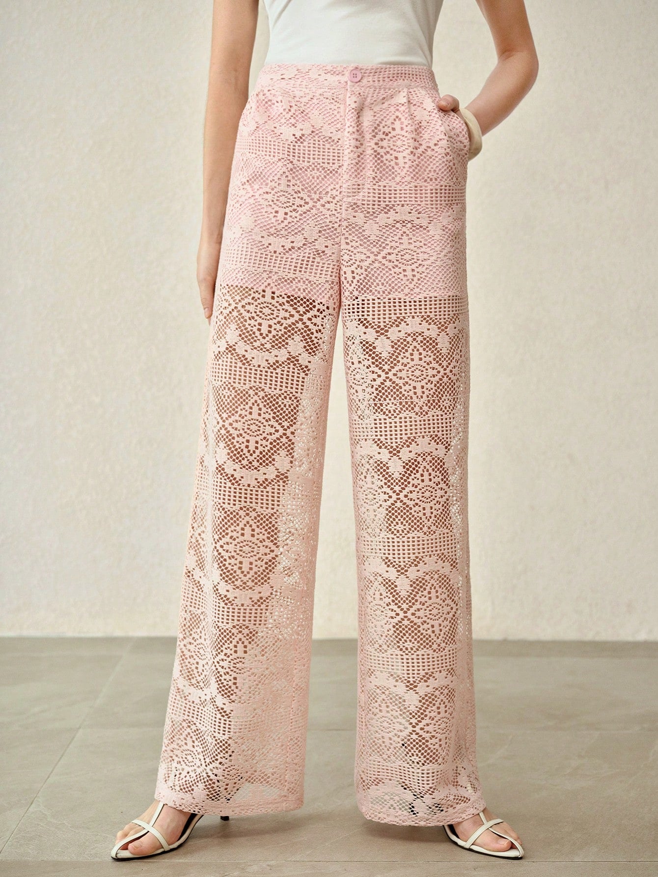CM-BS761060 Women Elegant Seoul Style Mid Waist Hollow Out Lace Wide Leg Pants - Pink