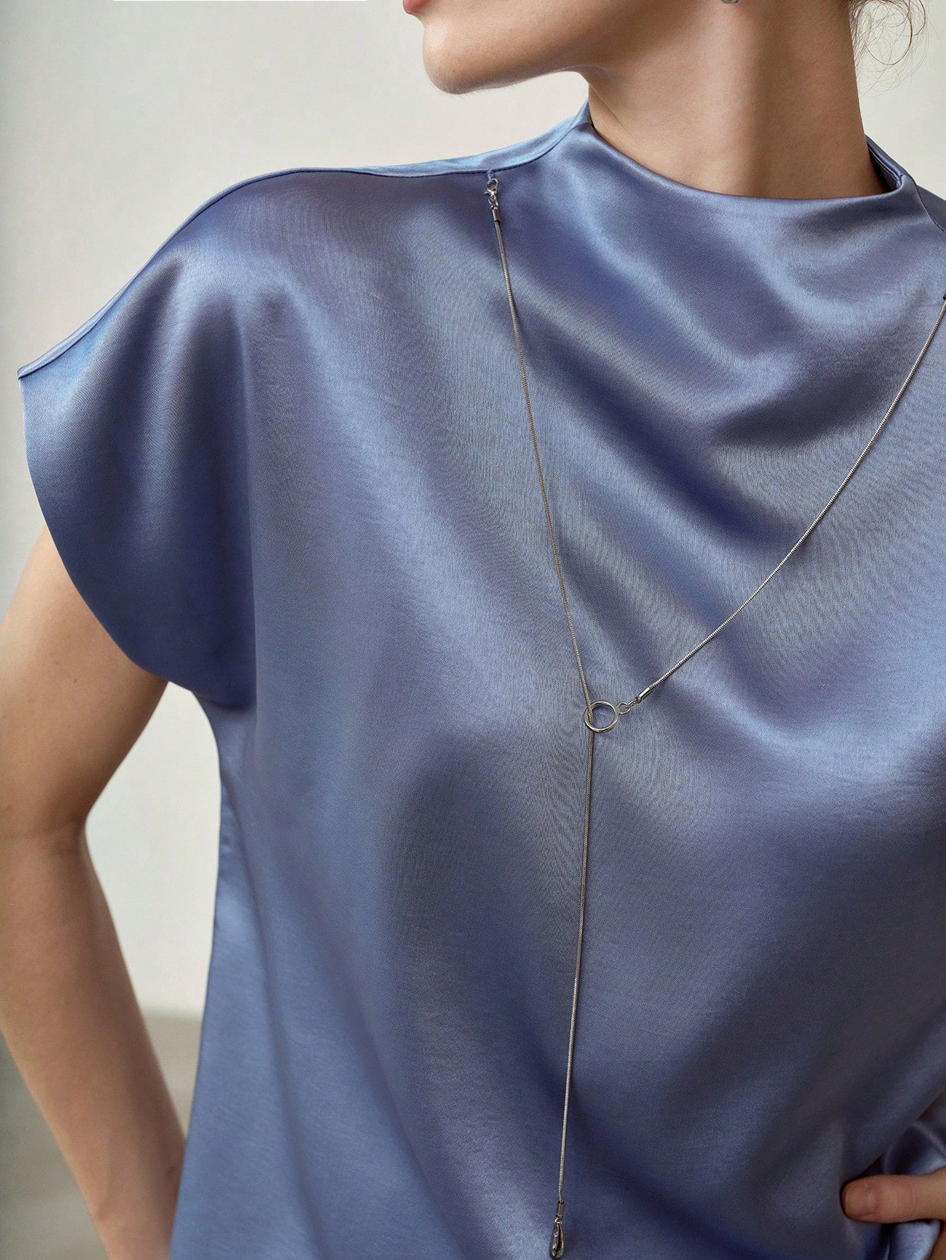 CM-TS734896 Women Elegant Seoul Style Round Neck Batwing Short Sleeve Funnel Neck Top - Blue