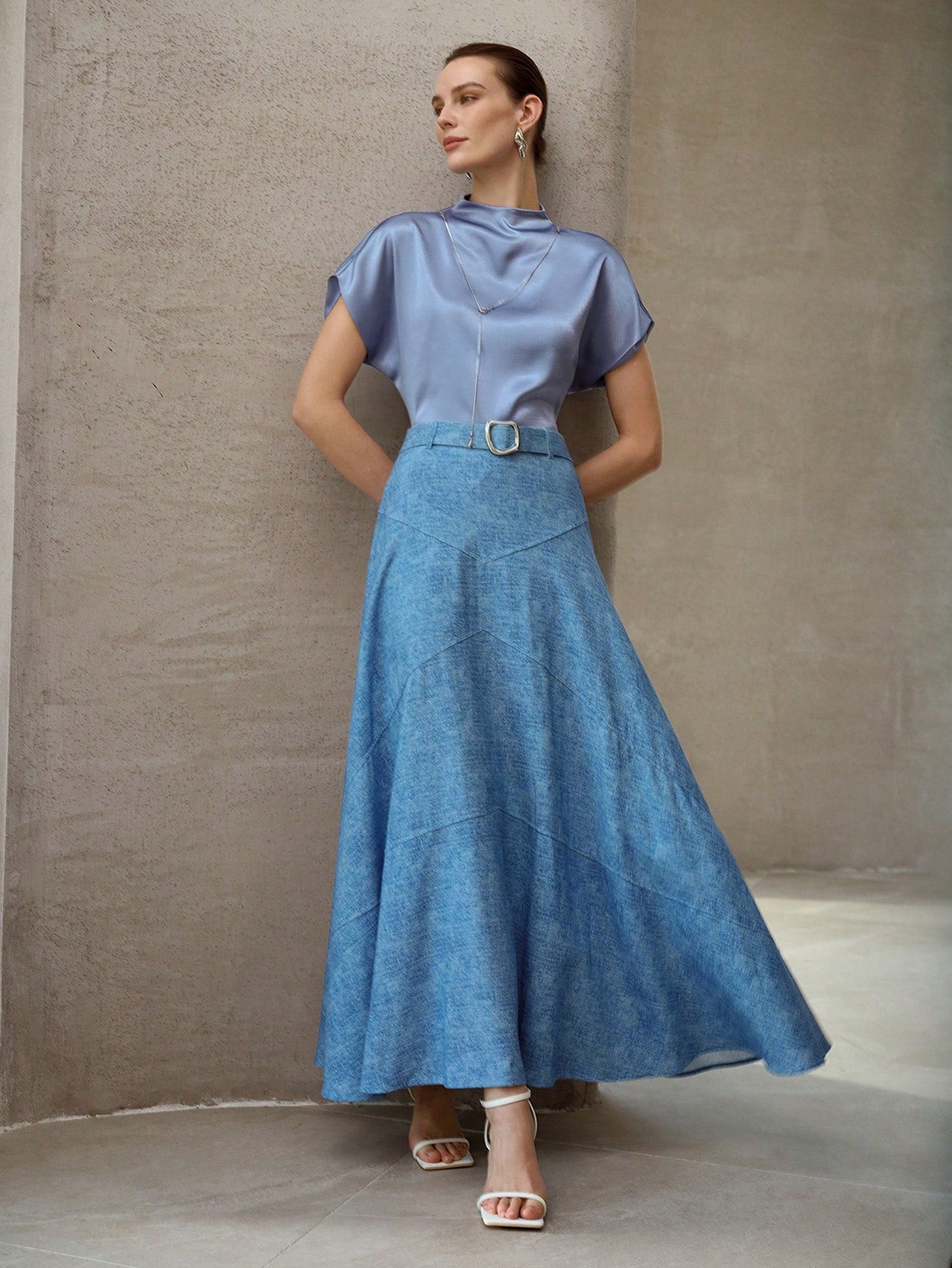 CM-TS734896 Women Elegant Seoul Style Round Neck Batwing Short Sleeve Funnel Neck Top - Blue