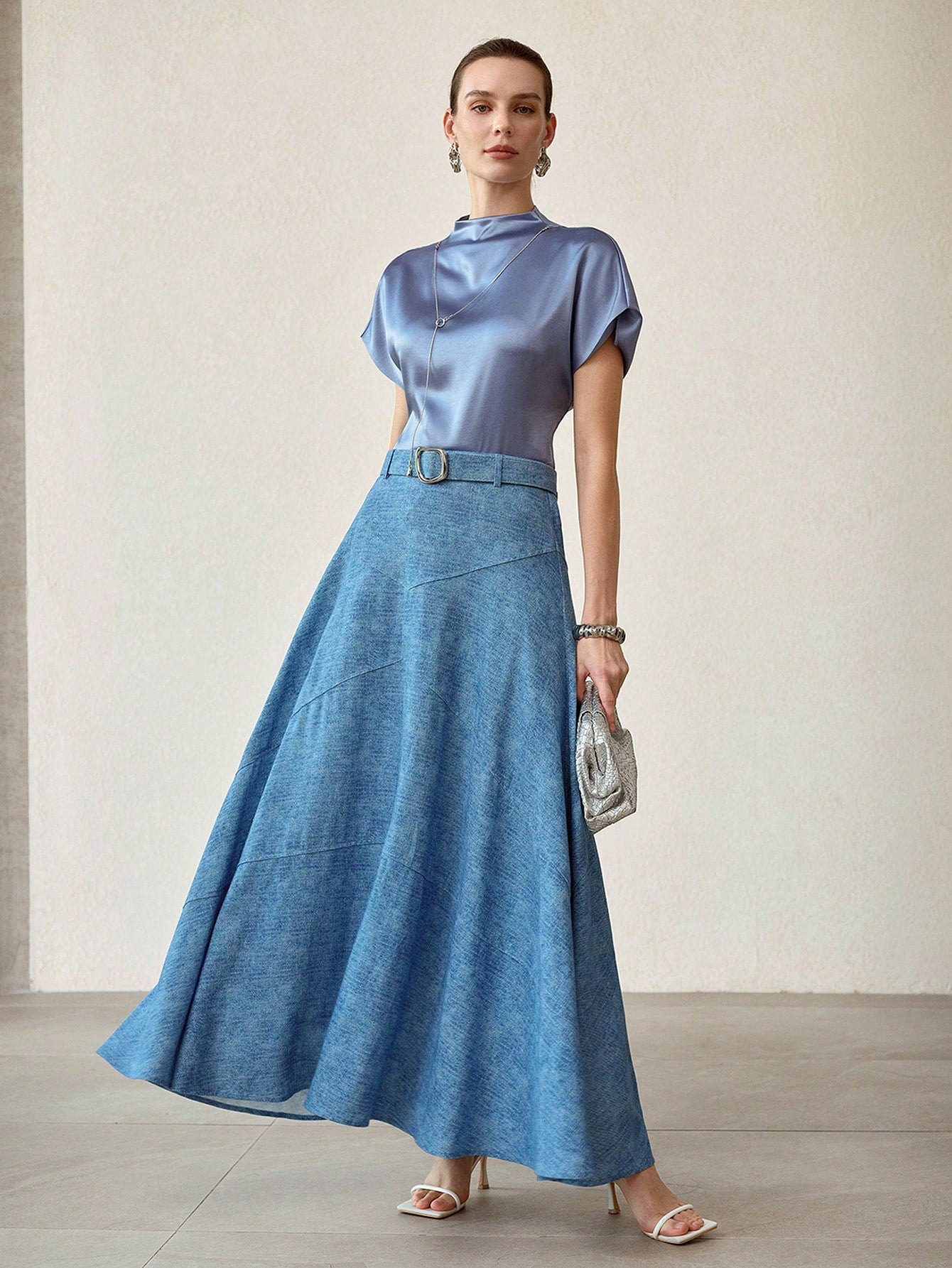 CM-TS734896 Women Elegant Seoul Style Round Neck Batwing Short Sleeve Funnel Neck Top - Blue