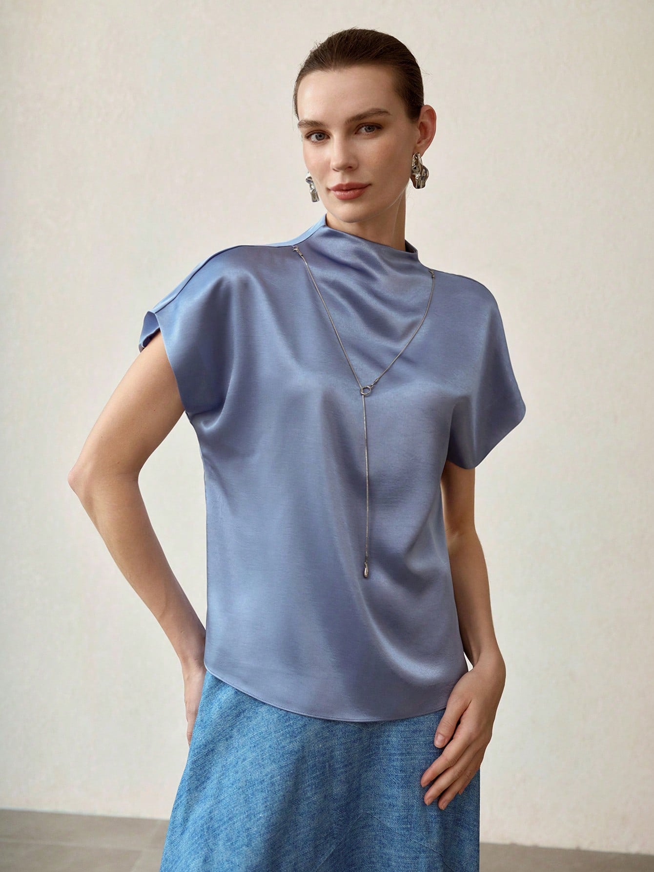 CM-TS734896 Women Elegant Seoul Style Round Neck Batwing Short Sleeve Funnel Neck Top - Blue